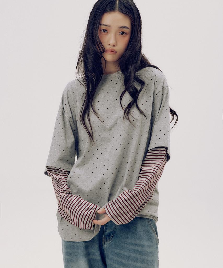 SOME PLACE Mini Dot Color Asymmetrical Stripe Two-Way Layered T-Shirt [Gray]