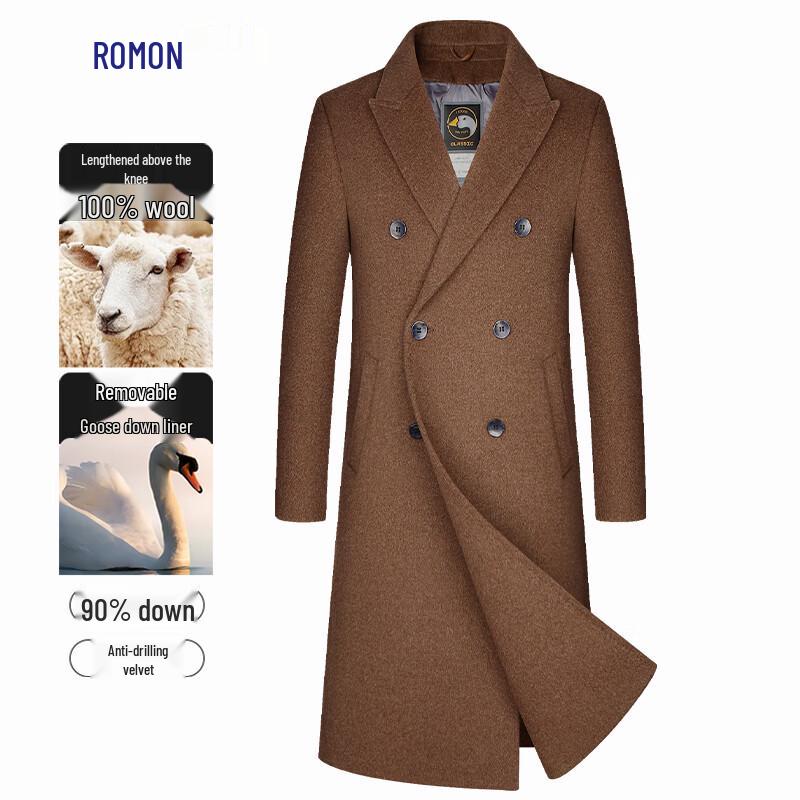 ROMON Men's 100% Wool Double-faced Overcoat with Goose Down Liner