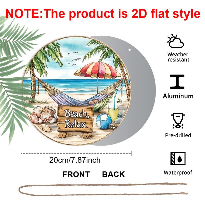 2D Flat, 1Pc Round "Beach, Relax." Aluminum Hanging Sign, Tropical Hammock Palm Tree Ocean Design, Rustic Coastal Metal Wall Decor, Perfect for