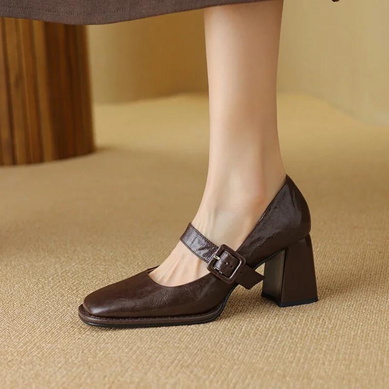 Mode NEU Frühling/Herbst Damen Pumps Echtes Leder Schuhe für Damen Eckige Zehenpartie Klobiger Absatz Damen Pumps Schnürschuhe Hoher Absatz Mary Janes