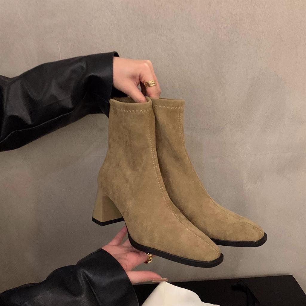 Zhike high-heeled Korean small ankle boots suede Martin boots women's shoes 2025 new autumn and winter square head thin short boots