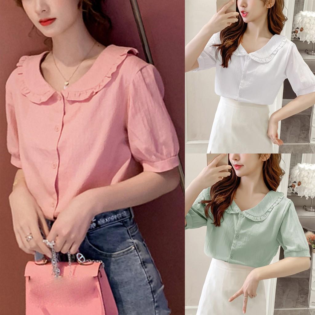 

Леди Мода Женщины Топ Цвет Короткий Рукав Повседневная Рубашка Лацкан Блузка