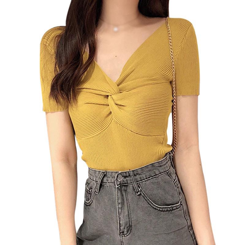 

Женская трикотажная футболка с V-образным вырезом, узлом, однотонная, с коротким рукавом One Size