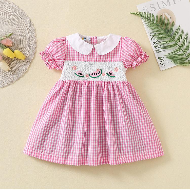 Summer Girls Cotton Plaid Princess Dress With Watermelon Embroidery Puff Sleeves Shirred Bodice Casual Party Sundress For Kids