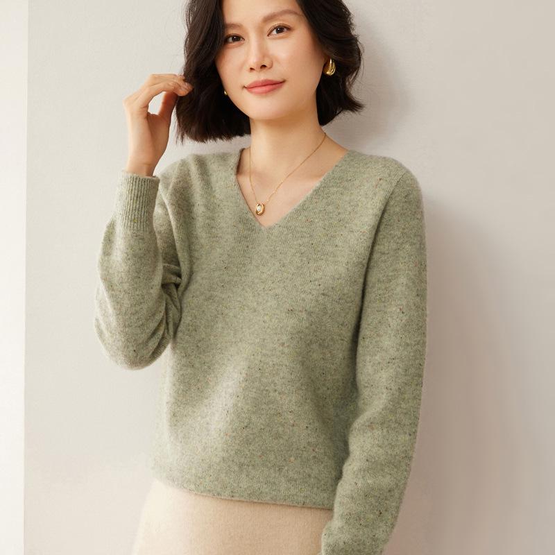 Nový luxusní svetr ze 100% čisté vlny s květinovým vzorem - Dámský korejský výstřih do V, silná a volná pletenina