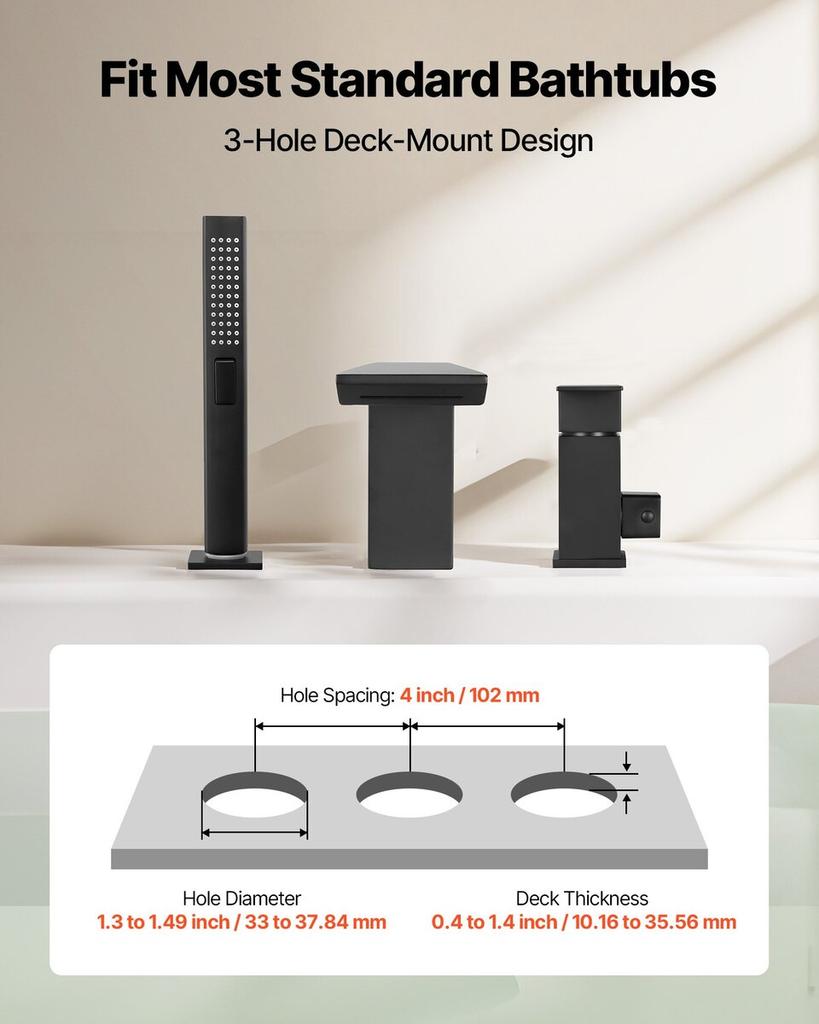 Roman Tub Faucet, 3 Hole Waterfall Bathtub Faucet, Roman Bathtub Faucets Set with Shower Head & 1 Handle, Deck Mount Bath Tub Faucets Set for Baby