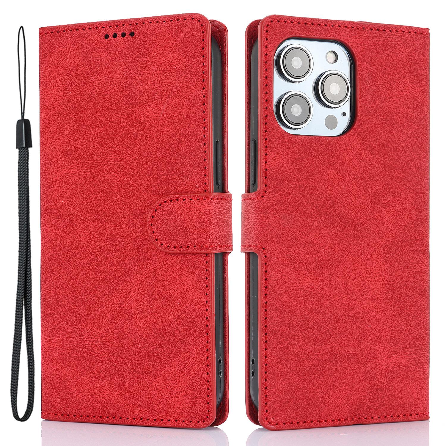 

For iPhone 16 Pro Max Case Wallet PU Leather Stand Phone Cover with Wrist Strap Red