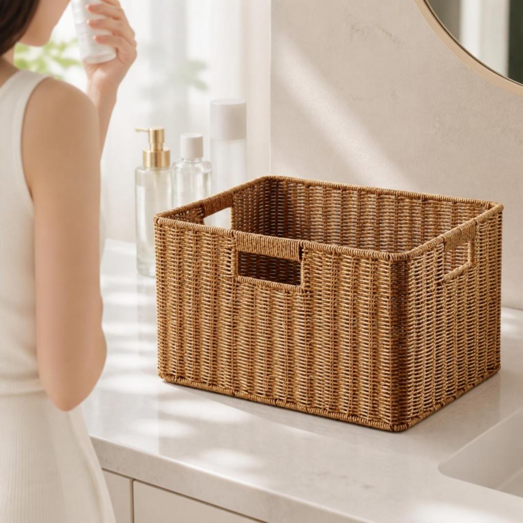 Lightweight Rattan Finish Storage Basket Organizer with Side Handles for