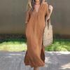 Summer Women Dress Deep V Neck Three Quarter Sleeves Ankle Length Solid Color