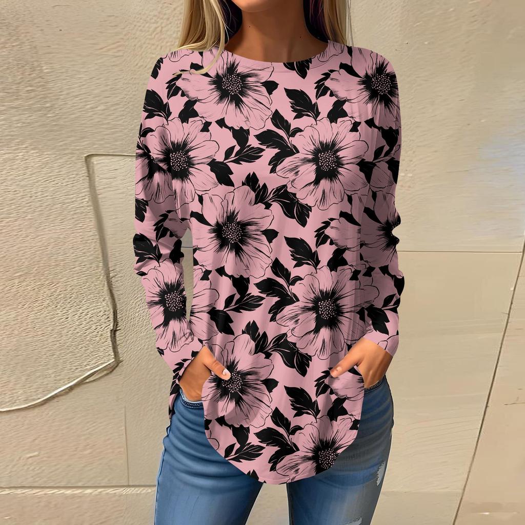 Women's  Loose Casual Flower Printed Round Neck Long Sleeved T Shirt Top Pullover Long Sleeved Sweatshirt