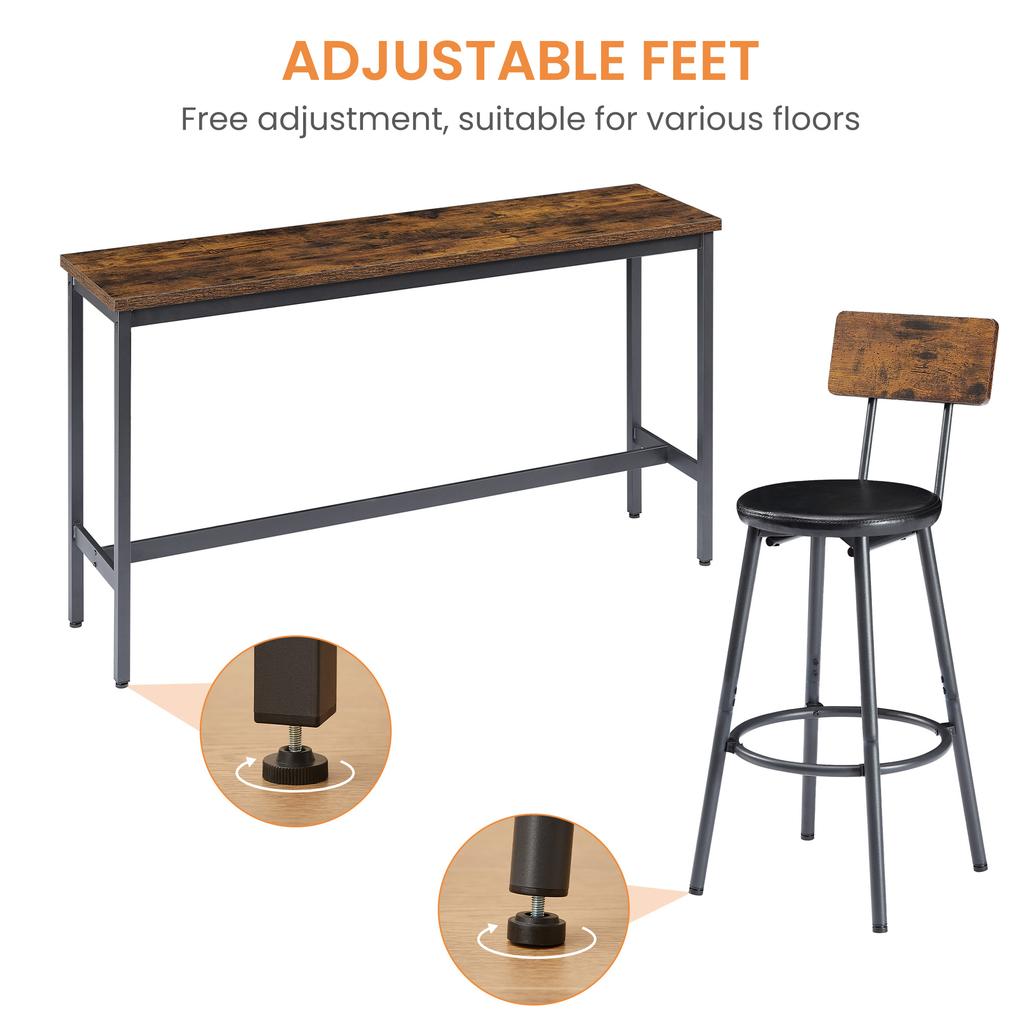 Long Bar Table with 3 Padded PU Bar Stools, Industrial Bar Table for the Kitchen, Breakfast Room, Living Room, Banquet Hall, Rustic Brown and Black
