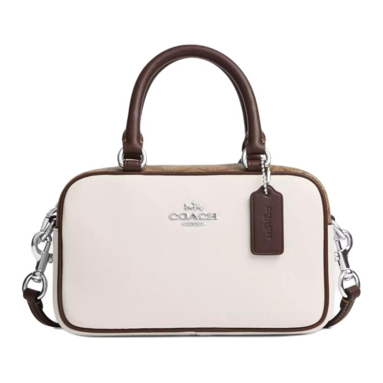 

Coach Satchel 18 Logo Zip Closure Smooth Leather Coated Canvas Bowling Bag Shoulder Crossbody Handbag Small Women Handbags CV704-SVCAH Gift Box Set (Basic Set+Yellow Box)