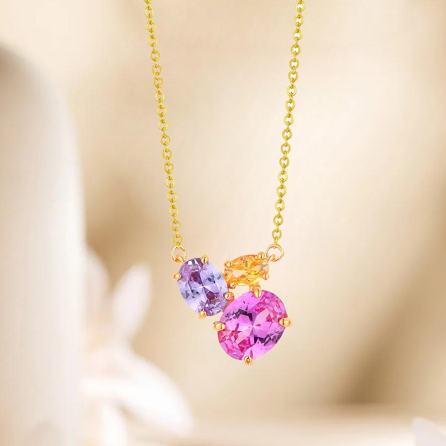 Original 925 Sterling Silver Rainbow Fancy Cubic Zircon Three Stone Pendant Necklace for Women