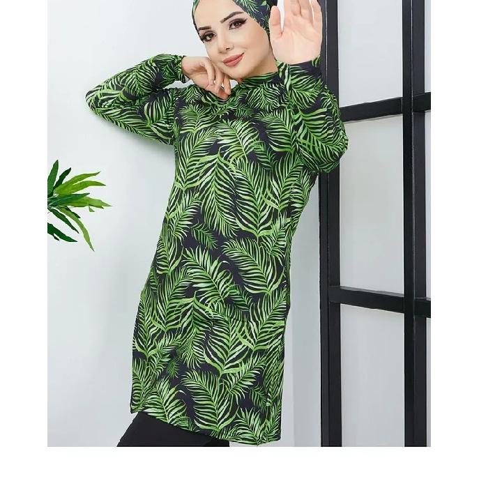 New Green 2 Piece Set Muslim Women Modest Muslim Floral Print Swimwear Full Coverage Swimsuit Islamic Hijab Beachwear Burkini Swimsuit (without