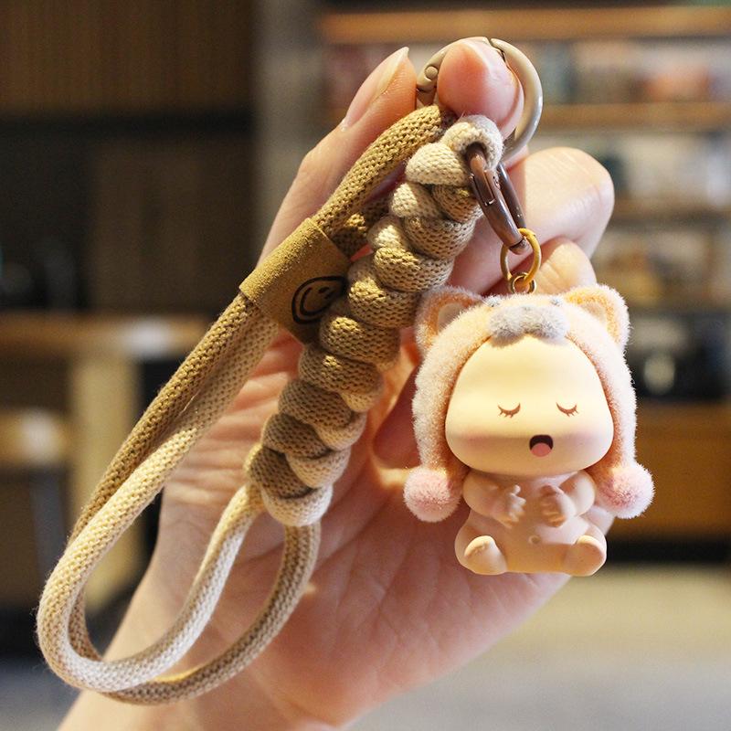Sleepy Cute Cartoon Doll Keychain: Hat-Wearing Resin Ornament & Phone Strap