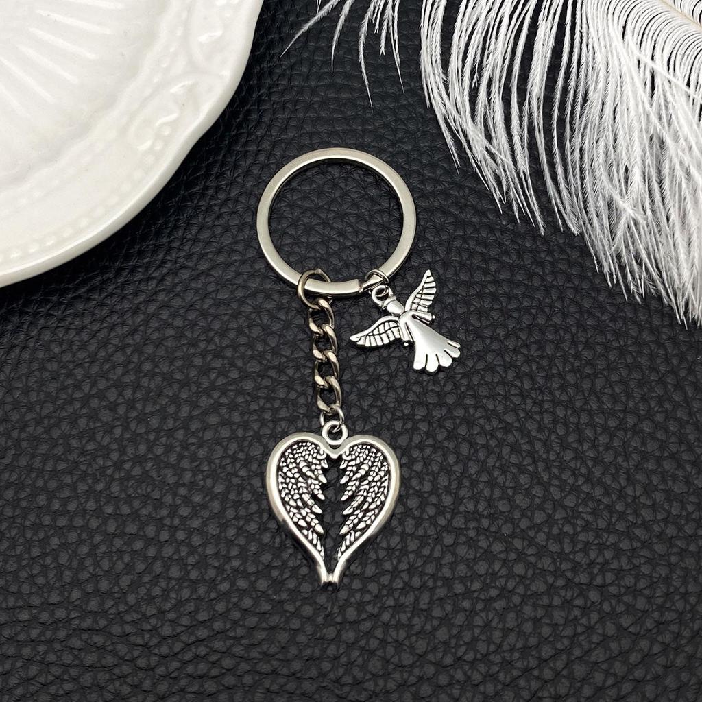 Antique Silver Angel Wings Heart Keychain Pendant