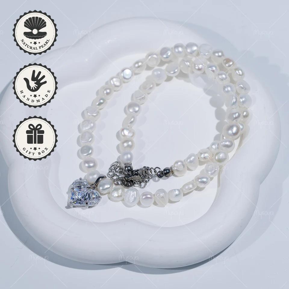 MYSOYA Baroque Freshwater Pearl Necklace with Silver CZ Heart Pendant (4-5mm, White) C511 14in - 35 cm