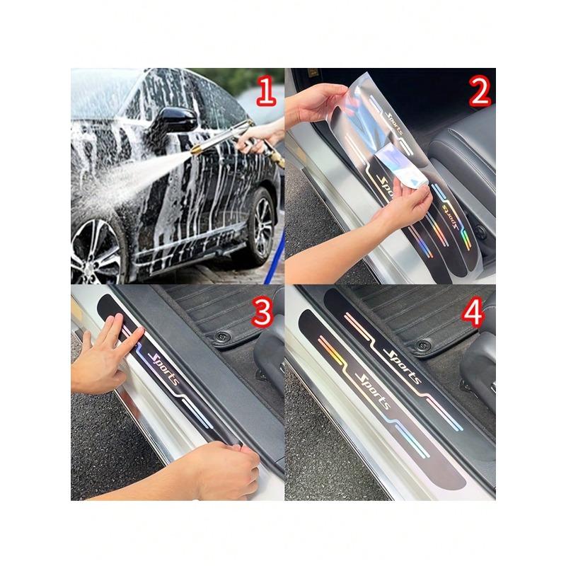 4pcs Sports Car Door Sill Protector, Reflective Car Door Sill Anti-Scratch Sticker, Door Sill Protector Strip, Car Decorative Sticker