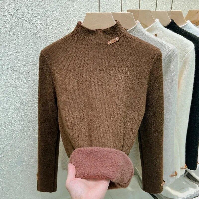 Moda de iarnă din catifea îngroșată pe jumătate guler înalt pulover cald pentru femei, ocazional tricotat, cu mânecă lungă, pulovere solide pentru damă 29780