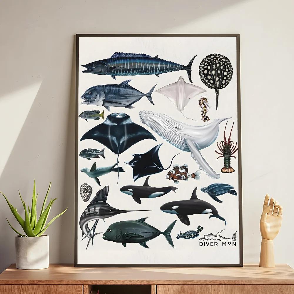Whale and Shark Seashells Turtles Octopus Fish Marine Life Ocean Animals Poster and Print Canvas Painting  Wall Art Home Living Room