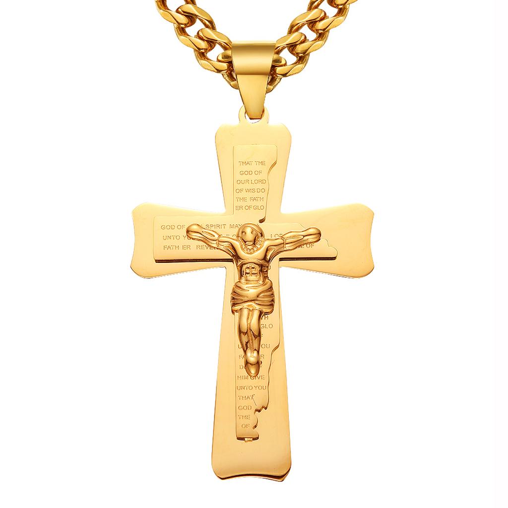 Heavy Big Jesus Cross Stainless Steel Pendant for Men Christian Crucifix Chain Necklace Religious Gold Color Jewelry Collar