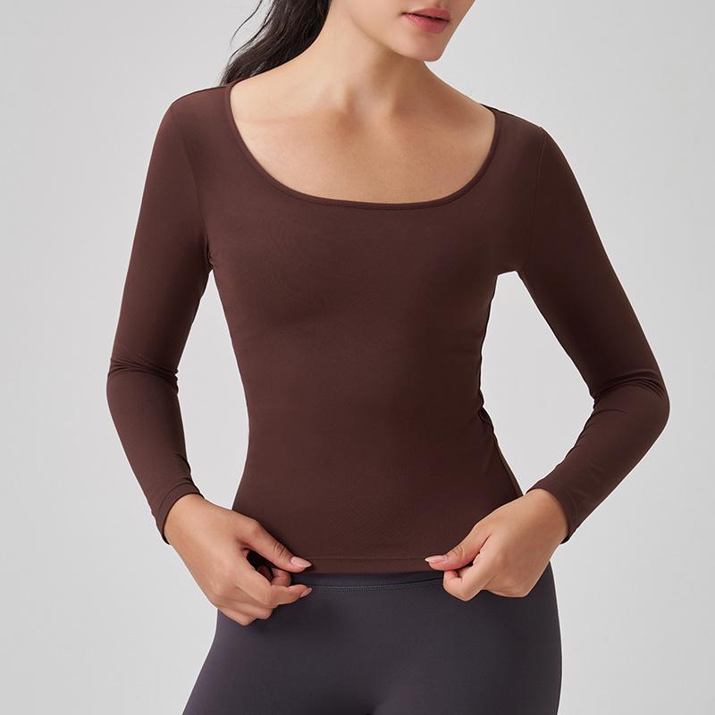 SNU Nude Feeling Women's Slimming Square Neck Long Sleeve Yoga Top - Flattering High-End Pilates & Outdoor Fitness Sportswear