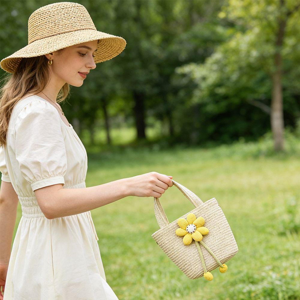 Cute Handmade Woven Straw Bag Bowknot Breathable Storage Basket Flower Coin Purse Kids Girls