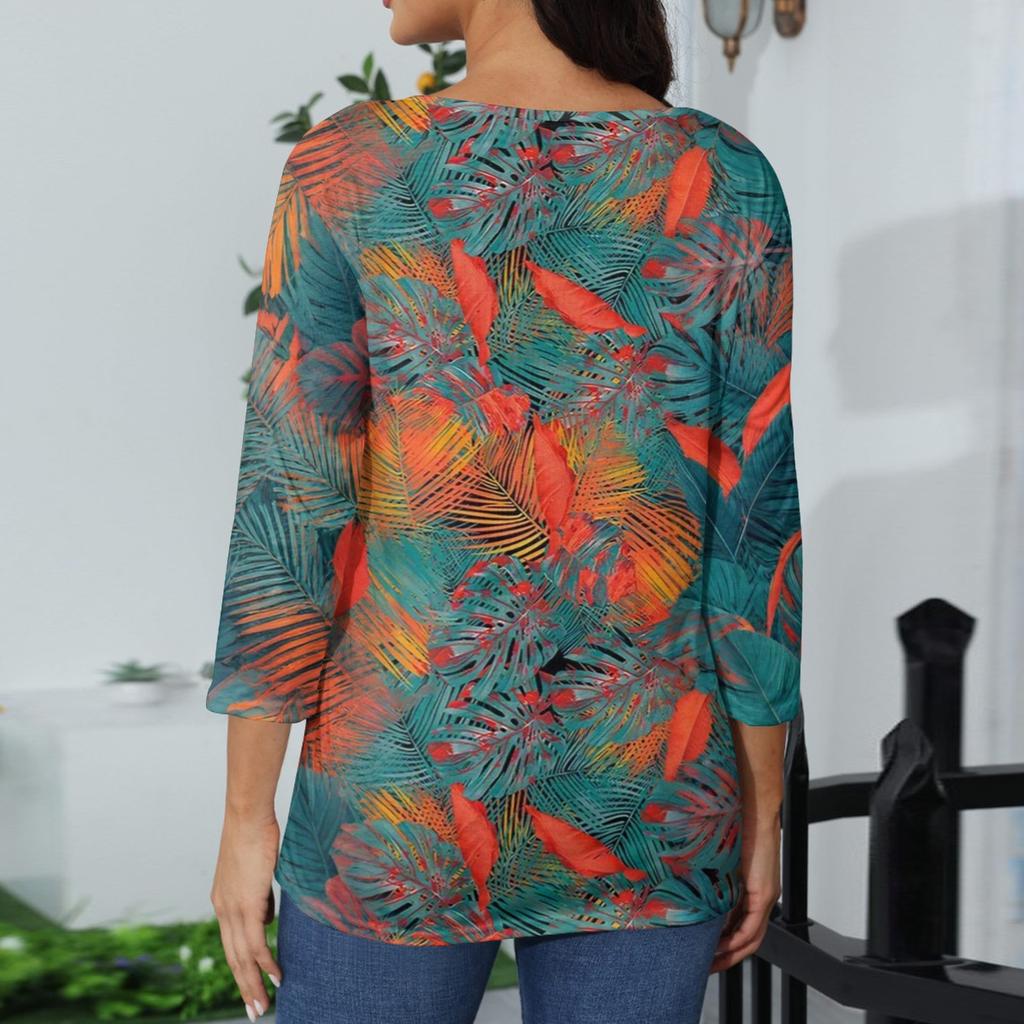 Women's Casual Fashion Sexy Comfortable V-Neck Floral Seven Sleeve Top