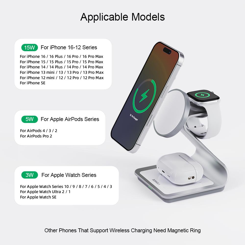 Bonola Magnetic 3 in 1 Wireless Charger for 17/16/15/13/14/12 30W Wireless Charging Station for Watch/AirPods Pro