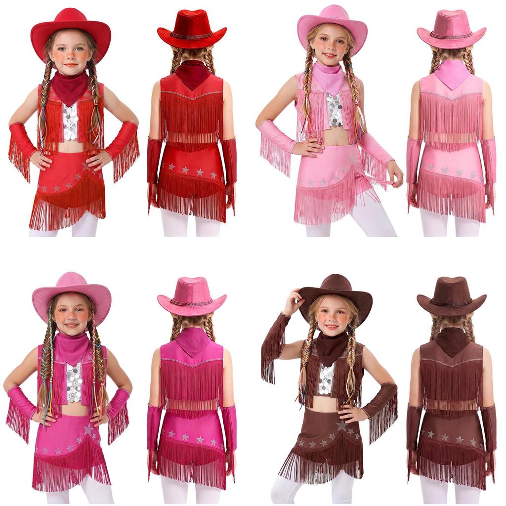 Costume da Cowgirl per Bambine Senza Maniche con Paillettes Strass Frange, Gonna Elastica, Guanti, Cappello, Fazzoletto, Danza Latina, Esibizione sul Palco, Competizione