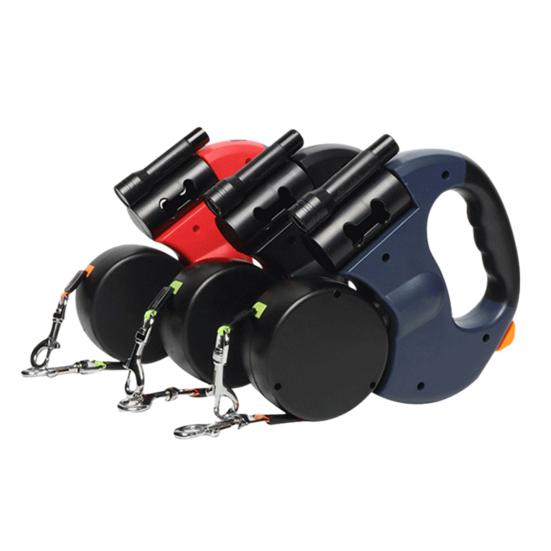 Podwójna smycz automatyczna dla psa, wytrzymała, z podwójną głowicą, obracana o 360 stopni i ze światłem LED dla psów małych, średnich i dużych