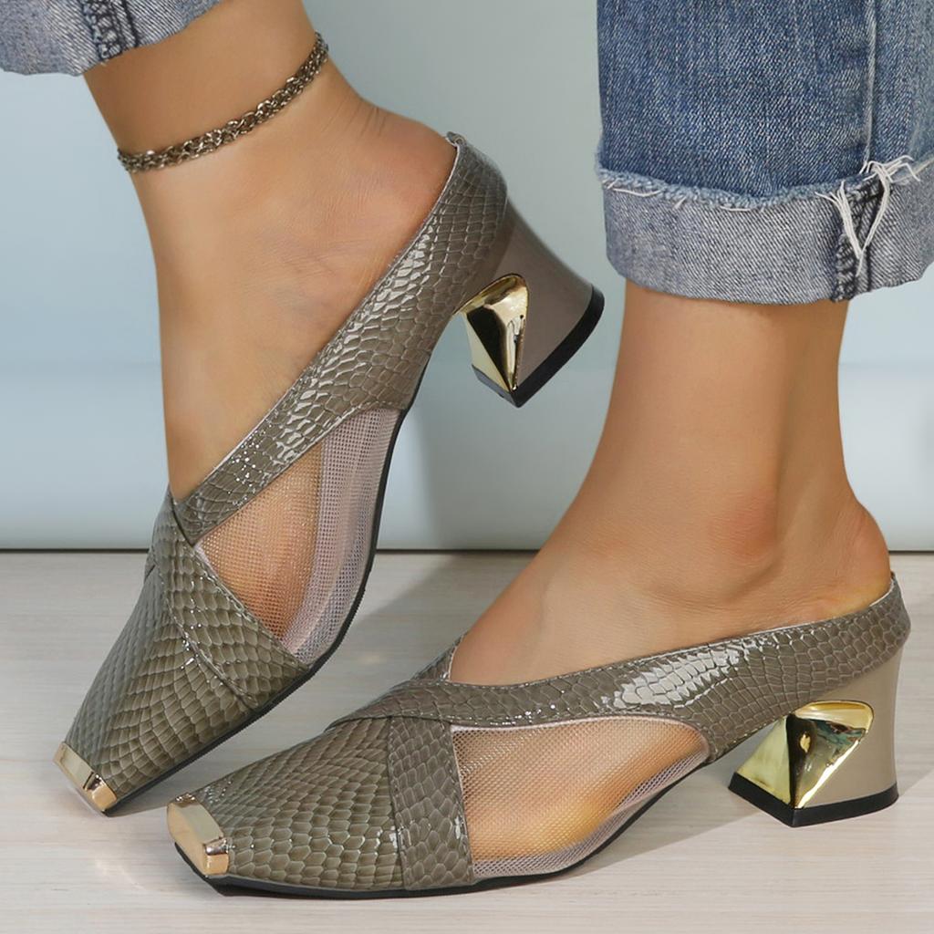 Fashion Coarse-heeled Mesh Full-head Half-slipper 2025 New Style Square Toe Comfortable and Versatile High Heels To Wear Outside