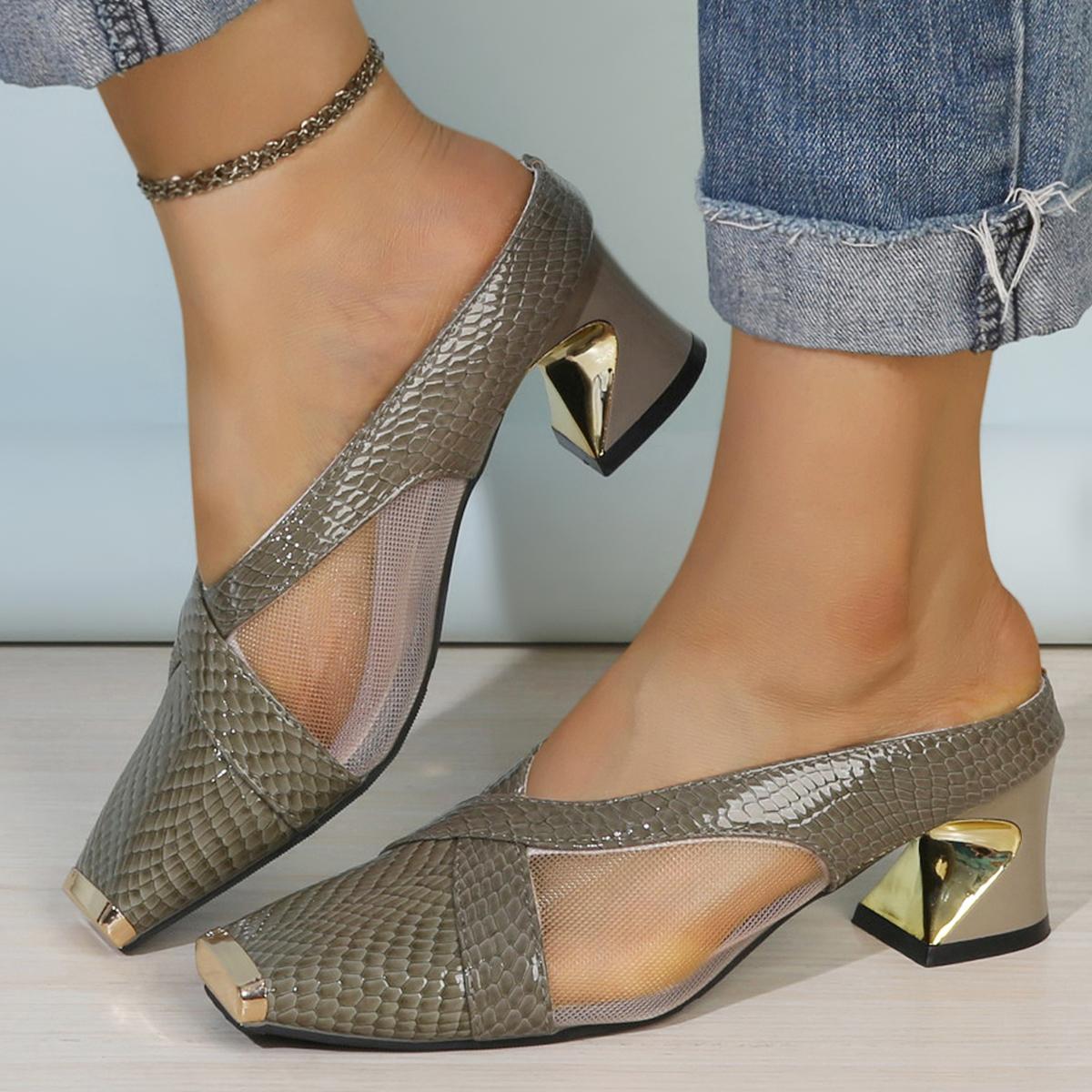 

Fashion Coarse-heeled mesh full-head half-slipper 2025 new style square toe comfortable and versatile high heels to wear outside 36 серый