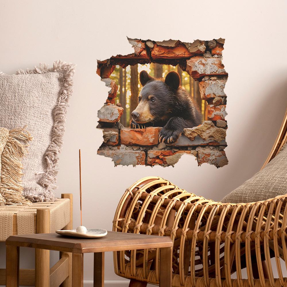 Red Brick Broken Wall Brown Bear Bedroom Living Room Entrance Hall Home Background Beautification Wall Stickers