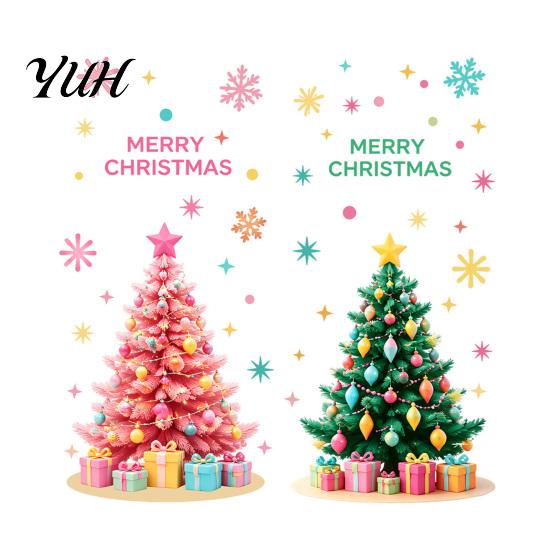 Winter Theme Wall Decor 2Pcs Pink Christmas Tree Static Window Clings, Removable Xmas Stickers Home Ornaments with Snowflake Star for Shop Cafe