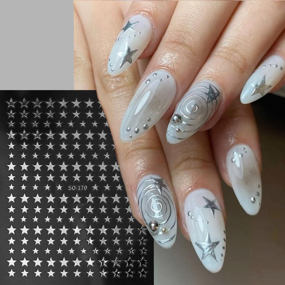 3D Black Pink Stars Stickers for Nails Golden Silvery Stars Adhesive Nail Decals Autumn Winter Festival DIY Nail Art Accessories