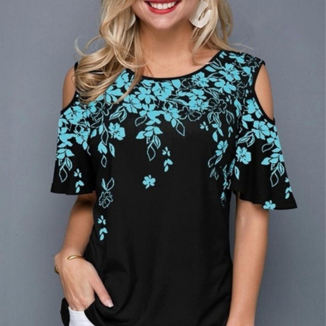 

Женская сексуальная футболка с коротким рукавом с круглым вырезом и цветочным принтом, свободная футболка с открытыми плечами 4XL светло-синий