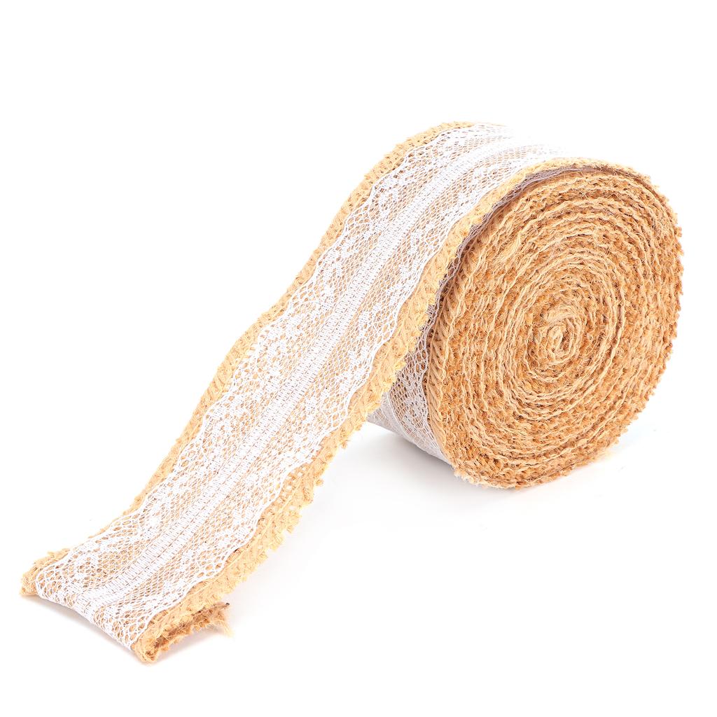 Burlap Ribbon with White Lace Natural Jute Roll for DIY Decoration Gift Packaging 5 Yards5cm Middle Lace