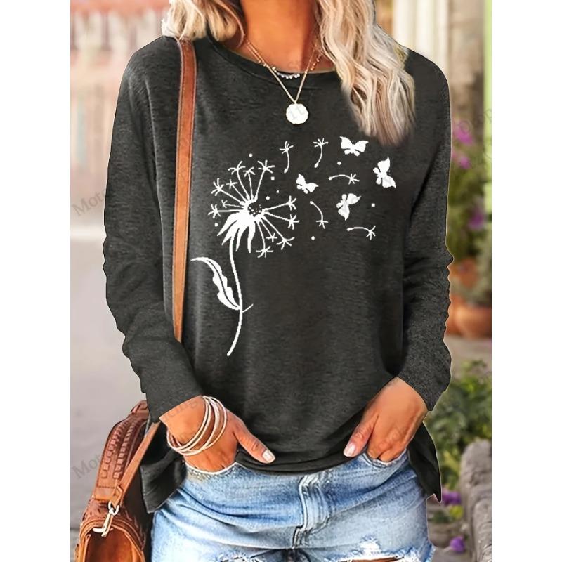 Floral Dandelion 3D Print Round Neck Long Sleeve T-shirts Fashion Casual Vintage Tops