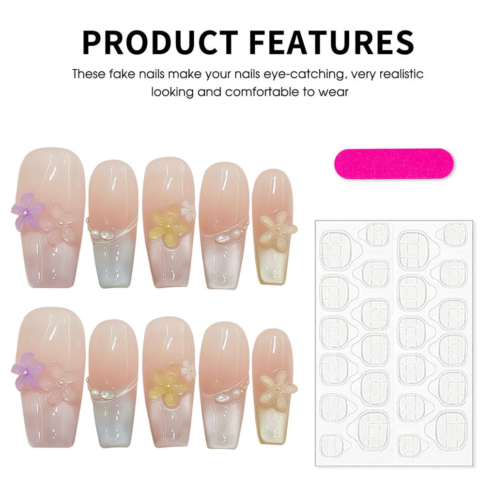 French Style Seven Color Cat Eye Crystal Flower Handmade False Nails 10PCS for Women