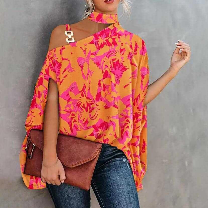 Blusa Casual da Donna con Scollo all'Americana, Spalle Scoperte, Maniche Corte a Pipistrello, Stampa Raso, Orlo Asimmetrico