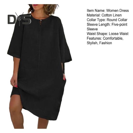 Lockeres Hemdkleid aus Baumwollleinen für Damen, lässiges Midikleid mit 1/2-Ärmeln und Rundhalsausschnitt, Sommerurlaub, Strand, Sommerkleid