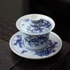 Gaiwan mit blauem und weißem Drachen und Metalleinlage, einzelnes Kungfu-Teeservice aus Keramik, Schüssel zur Teezubereitung, Teeterrine