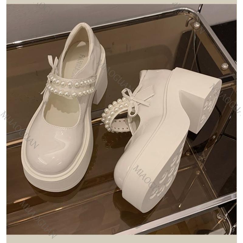 Fashion Pink Thick Bottom Mary Jane Shoes Women Spring Autumn New Sweet Pumps Fashion Pearl Retro Thick High Heel Loafers Women's Shoes