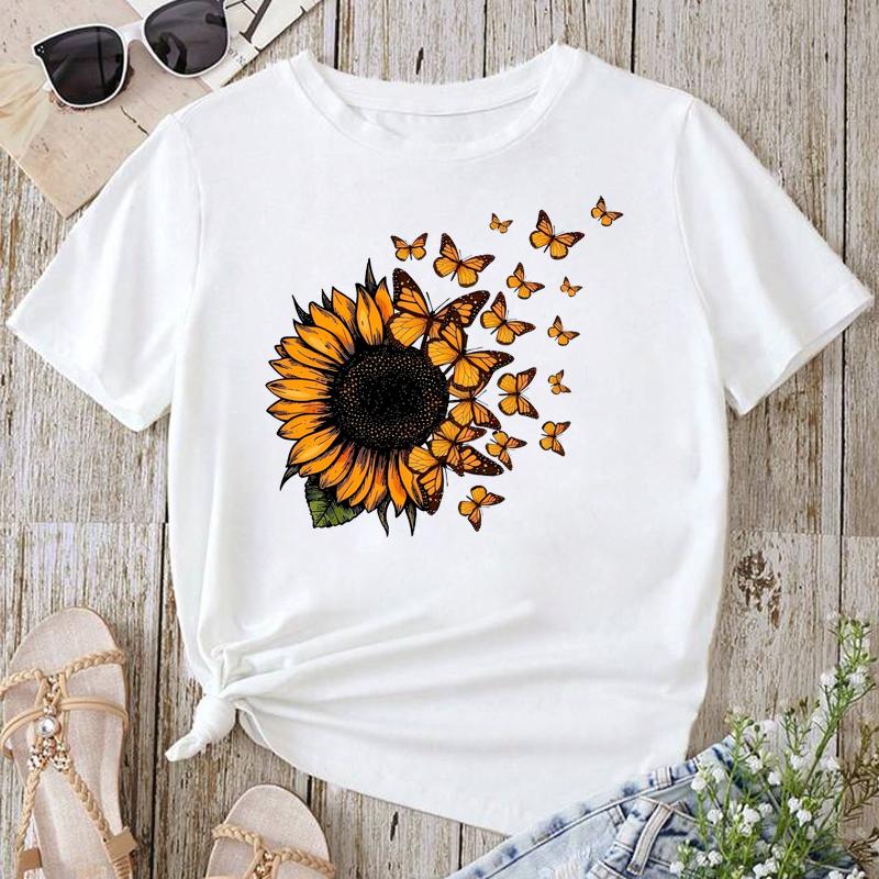Butterfly Sunflower Style Trend Women Clothing Fashion Graphic T-shirt Summer Casual Short Sleeve Female Basic Tees Tops