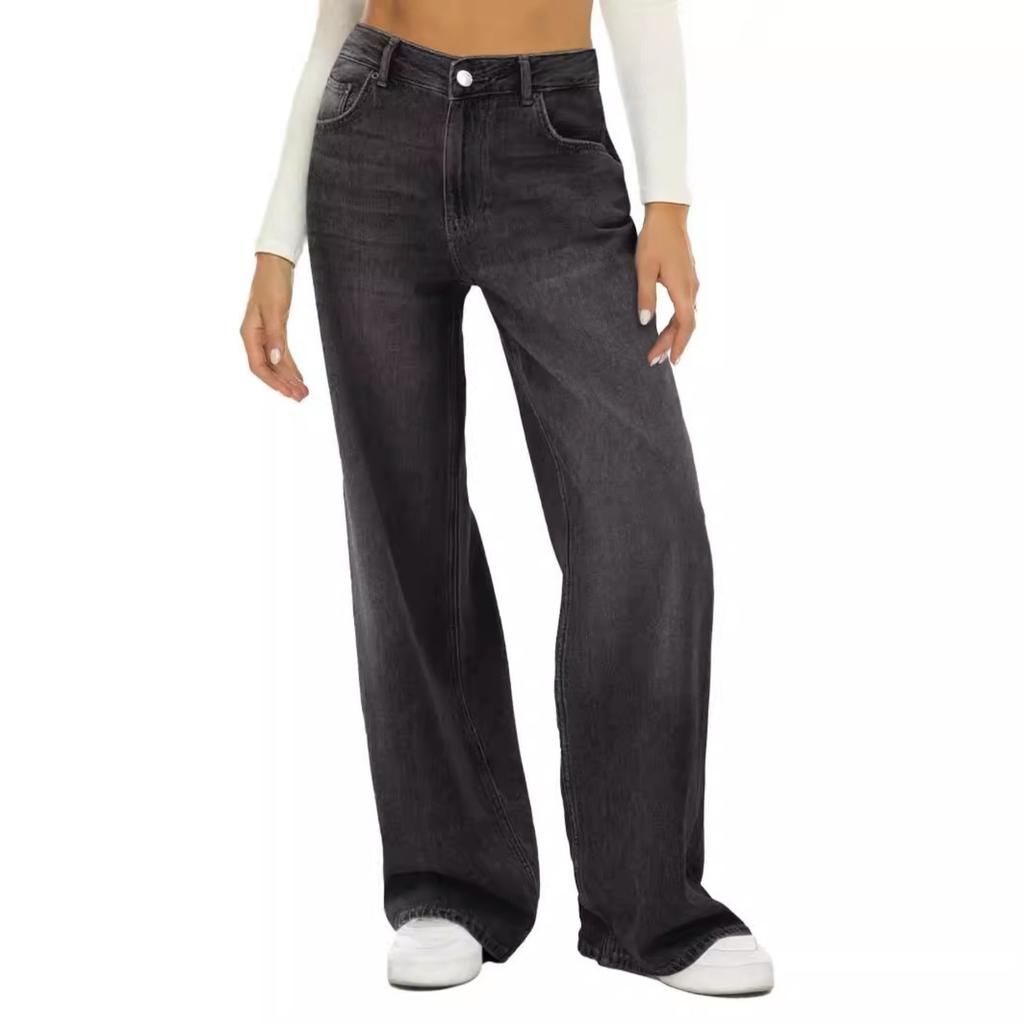 Women's High Waist Straight Leg Loose Fit Long Denim Pants Washed Casual Jeans