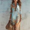 2026 Estate Europea e Americana Nuova Vacanza al Mare Camicia con Stampa Artistica Retro Azzurro Chiaro Abito Lungo