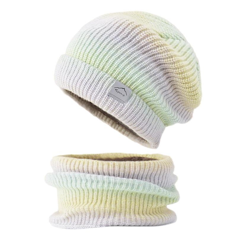 Hat autumn and winter Korean version gradual change color wool hat thickened warm ear protection cold knitted hat two-piece set