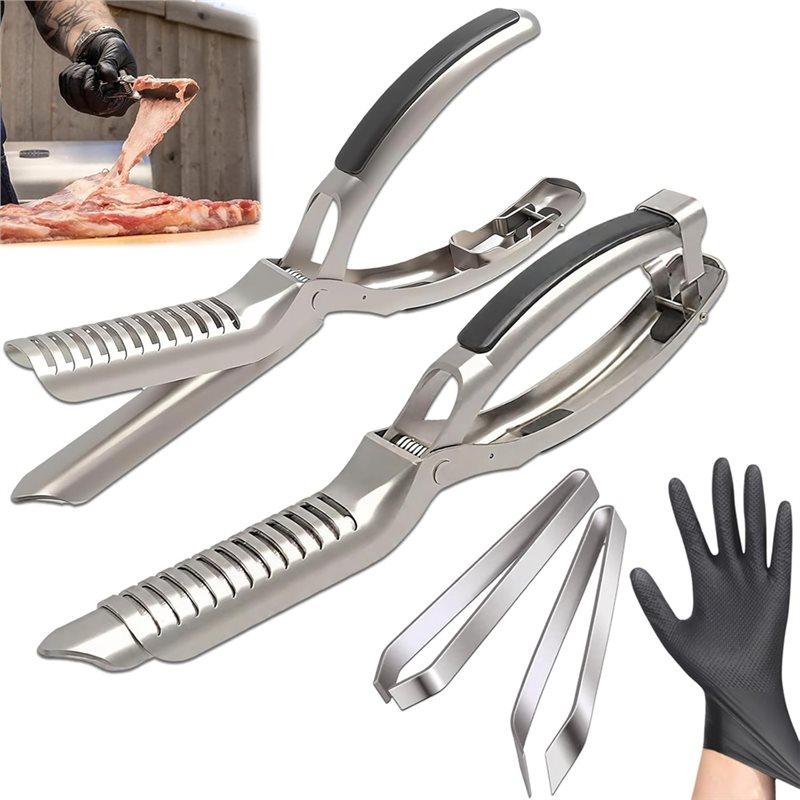 ABBP-2 Stück Rippenhautentfernungswerkzeuge, Rippenvorbereitungswerkzeug, Edelstahl-BBQ-Rippenschäler Mit 2 Stück Pinzette und Handschuhen