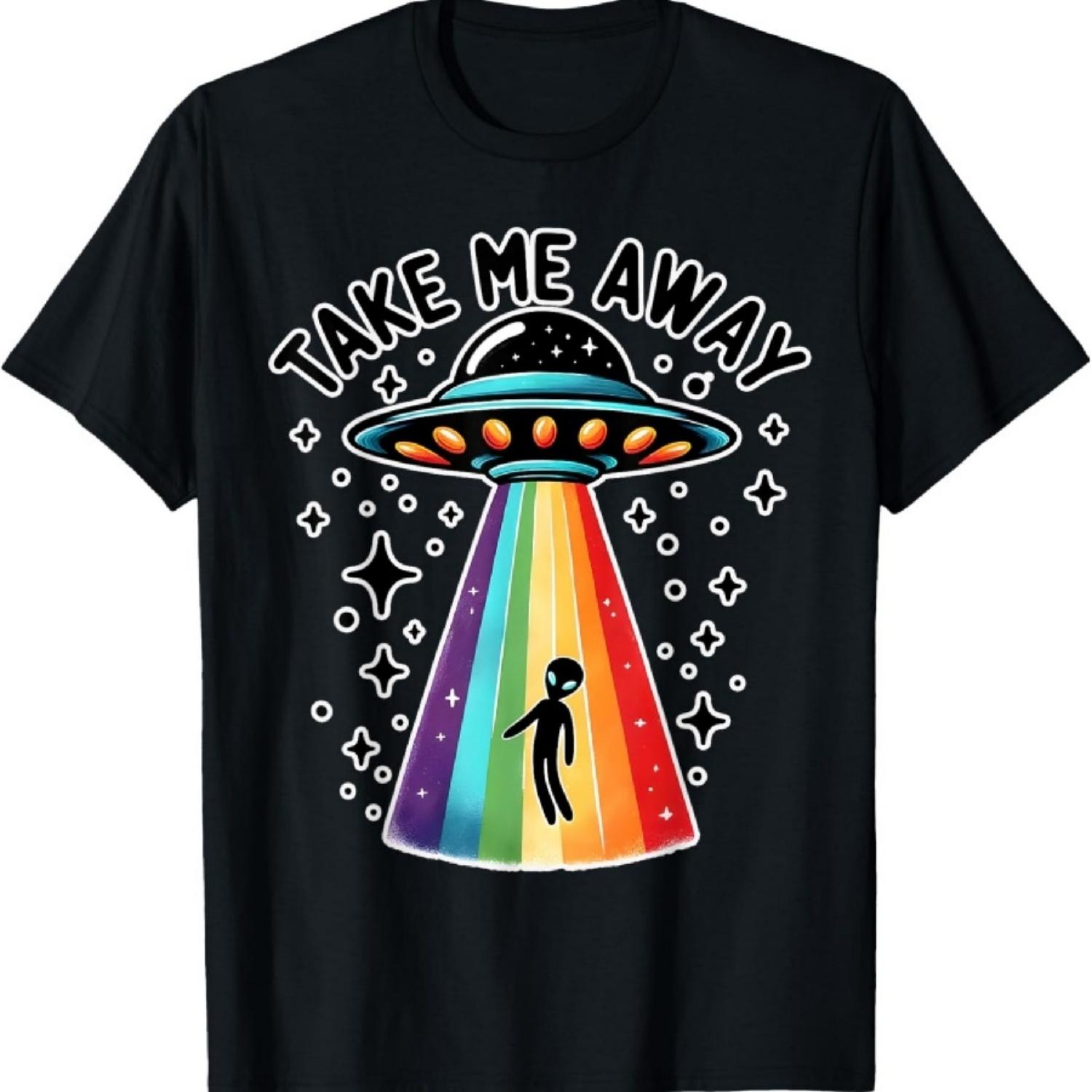 Take Me With UFO Alien Spaceship Rainbow Sci Fi T-Shirt S